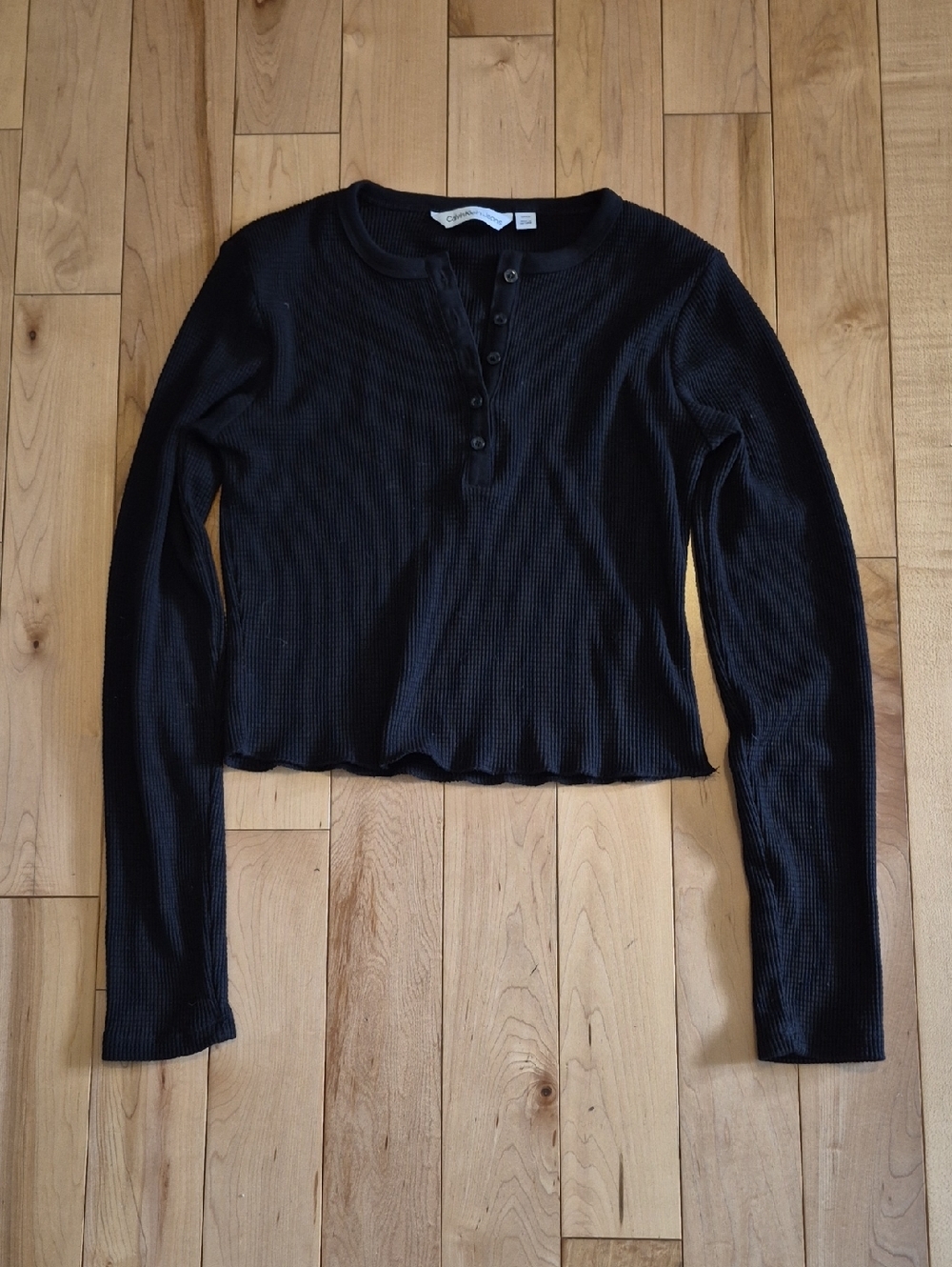 Calvin Klein Jeans Women's Size Small Black Ribbed Henley Crop